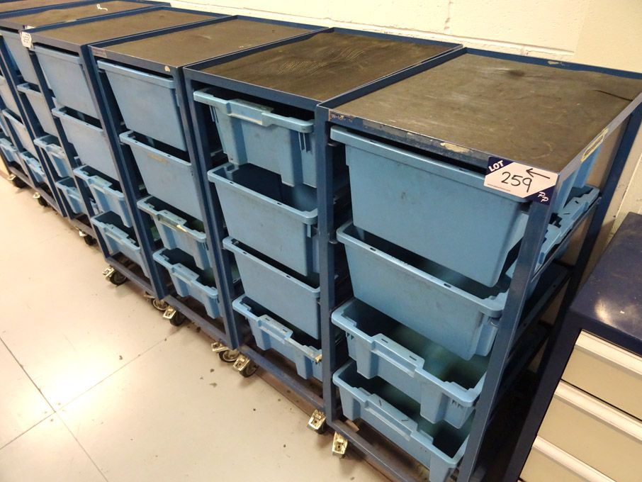 4x Welconstruct mobile trolleys with Qty plastic s...
