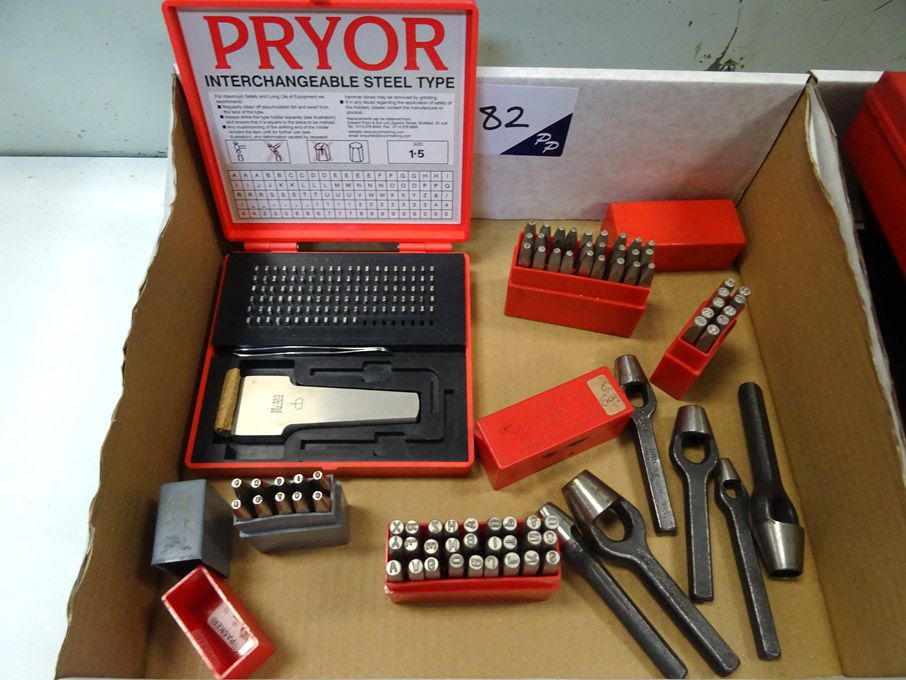 Qty various Pryor etc letter / number stamps, hole...