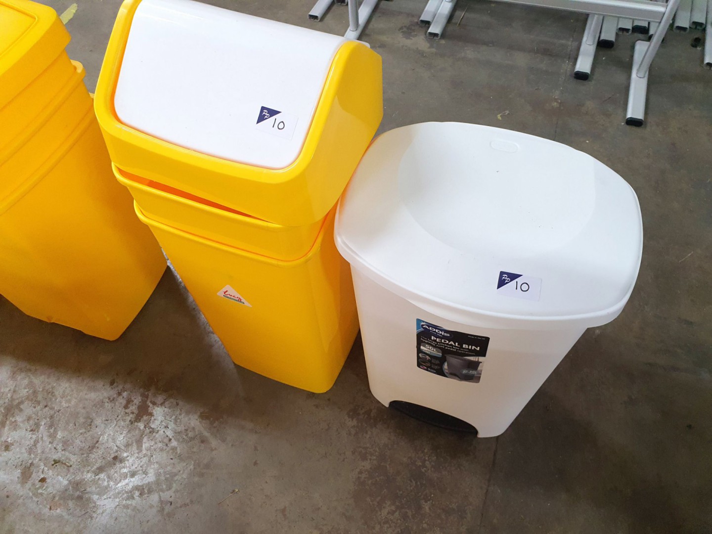 2x yellow plastic waste bins, Addis white plastic...