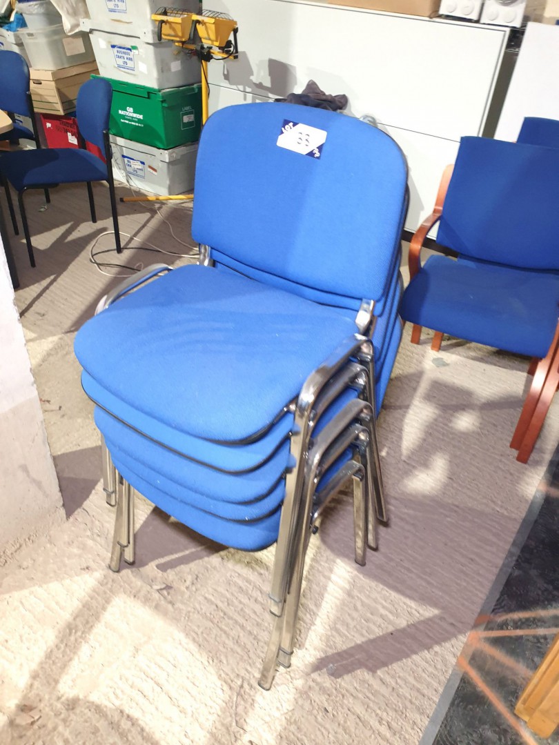 5x blue upholstered chrome leg chairs, stackable -...