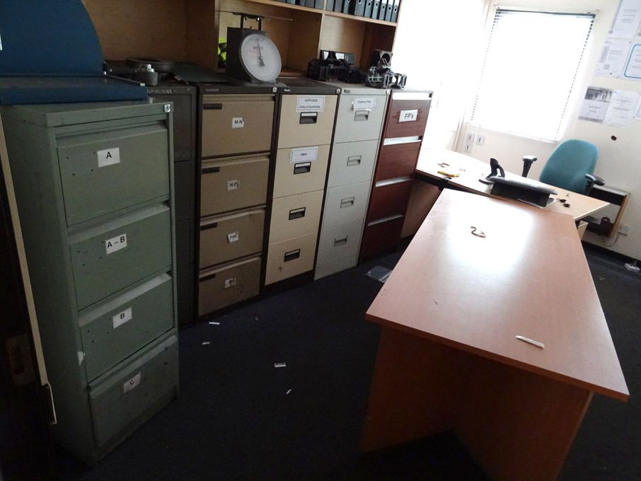 Contents of office inc: 2x wooden desks, 7x 4 draw...