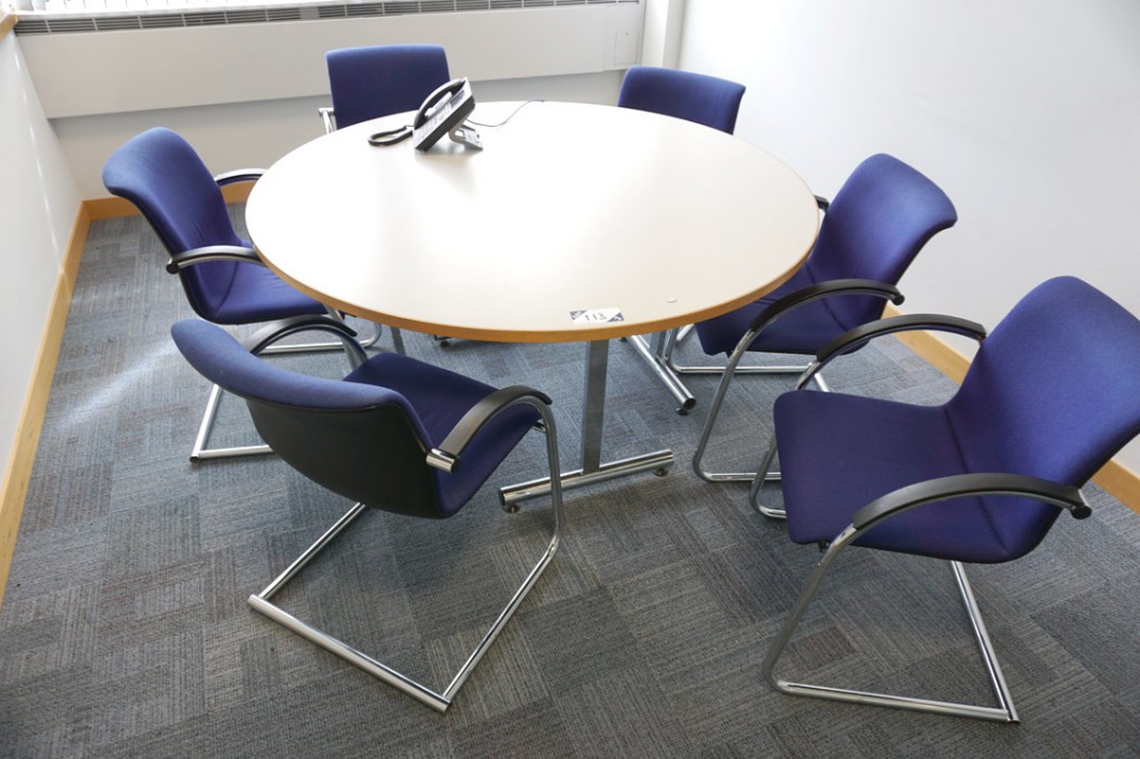 Grey top 1600mm dia meeting table with 6x purple u...