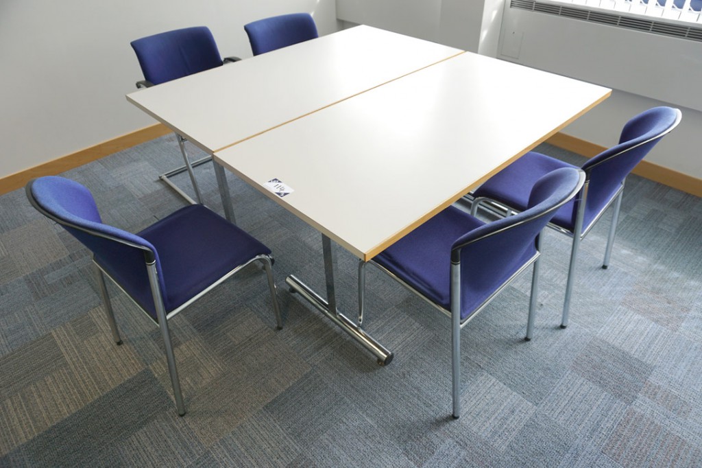 2x grey top office desks, 1500x750mm with 5x purpl...