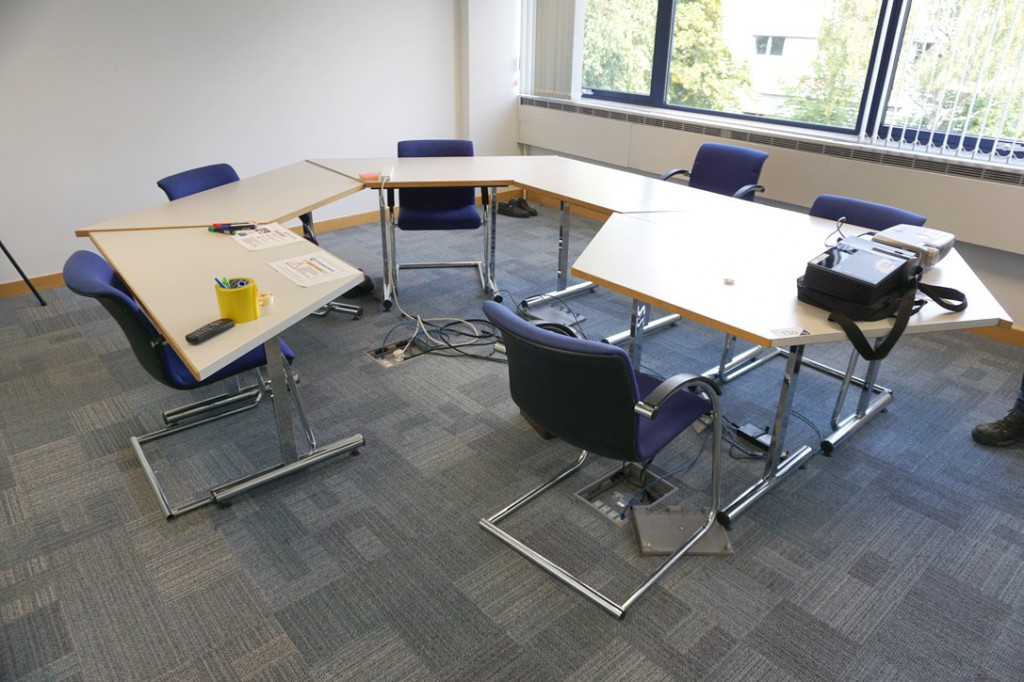 6x grey top trapeze office tables, 1400x650mm with...