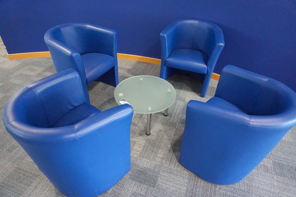 4x blue leather effect meeting chairs with 600mm d...