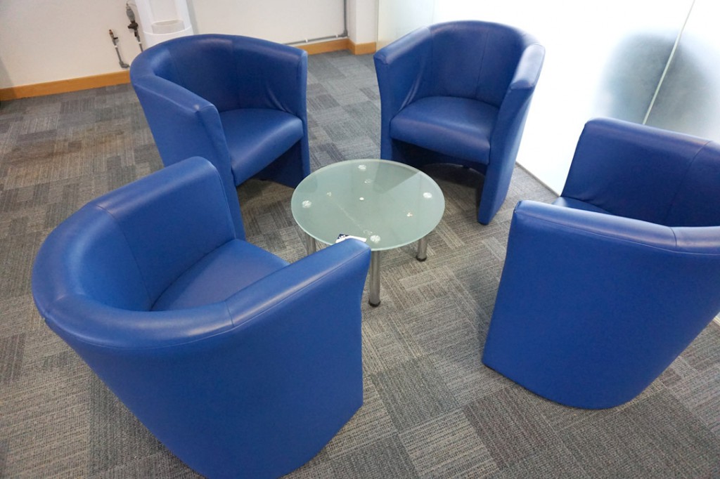 4x blue leather effect meeting chairs with 600mm d...