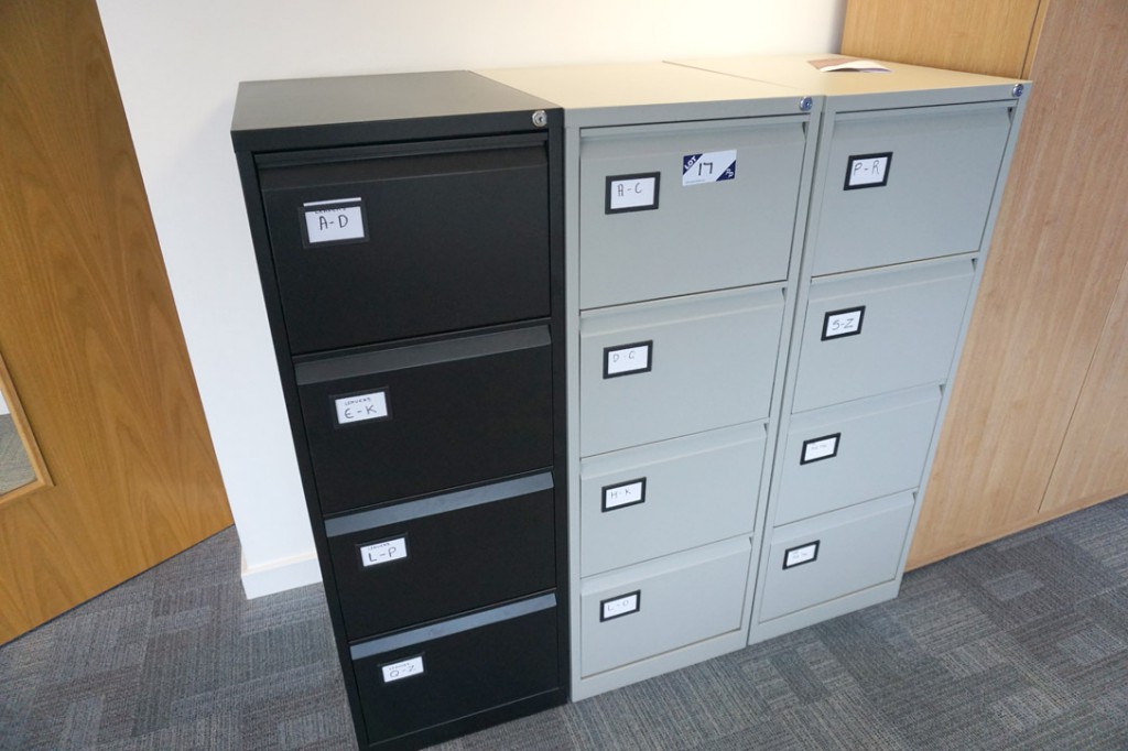 3x metal 4 drawer filing cabinets, 1 black, 2 grey...