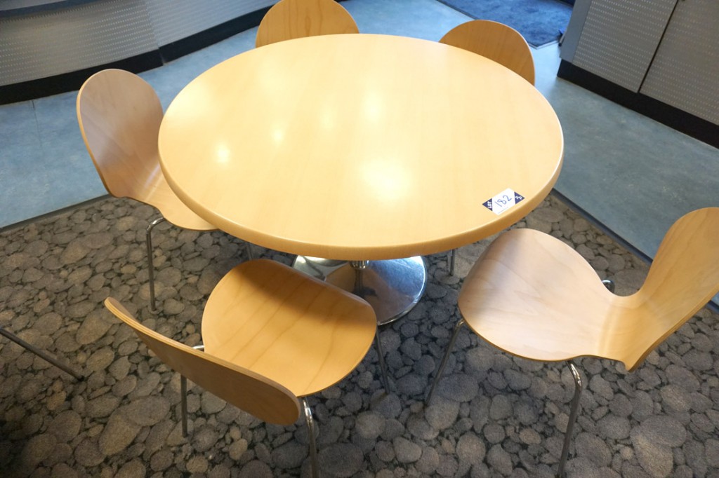 Beech 1200mm dia canteen table with 5x chrome leg...