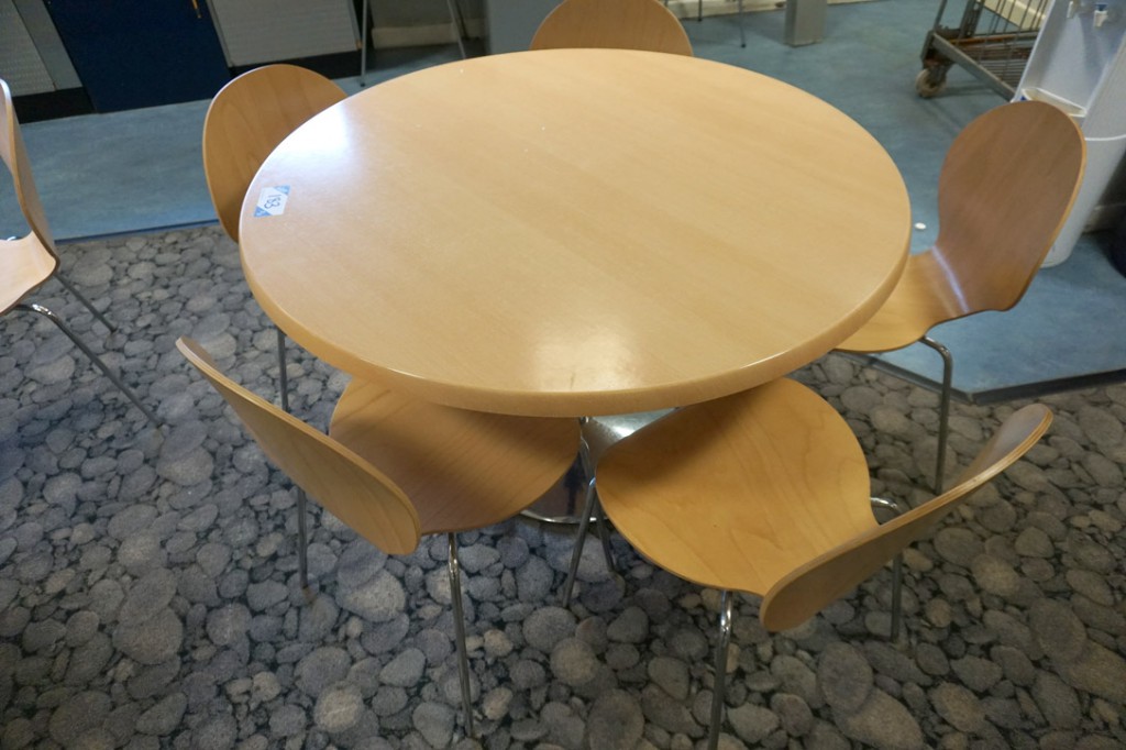 Beech 1200mm dia canteen table with 5x chrome leg...