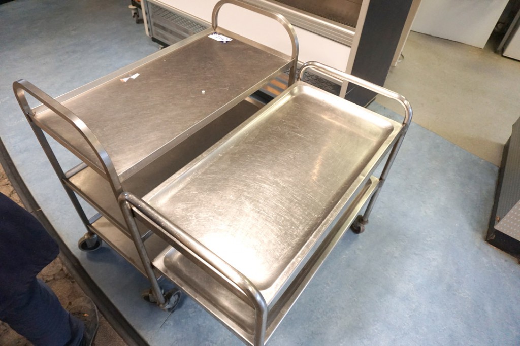 2x mobile stainless steel trolleys, 900x450mm