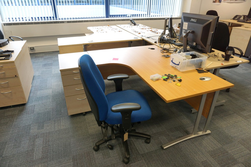 3x maple, 1x beech office desks, 4 drawer pedestal...