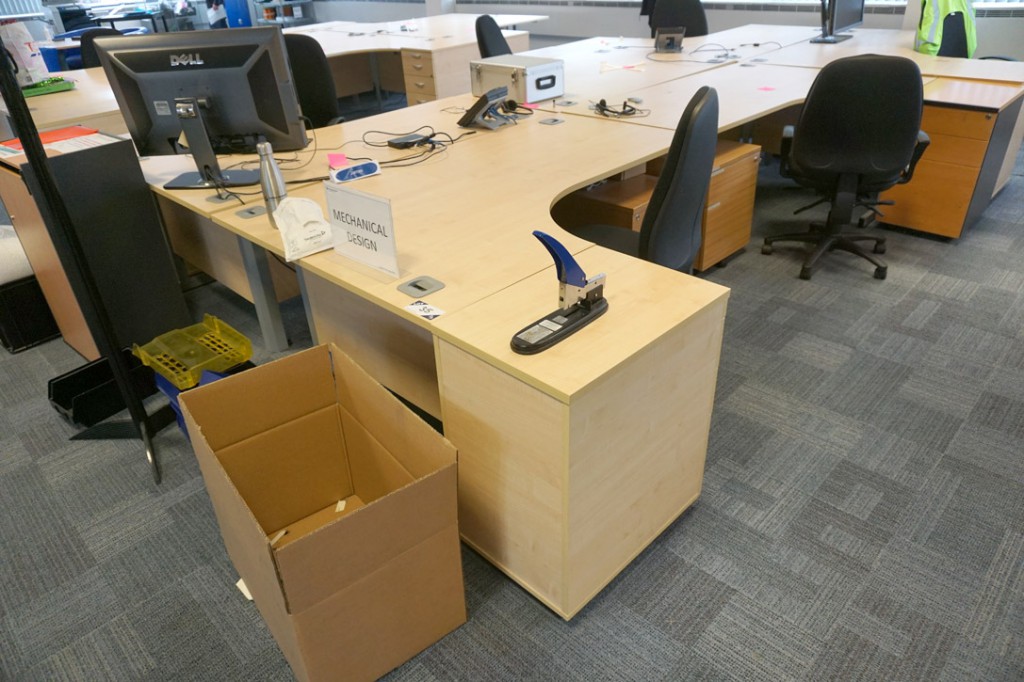 6x maple L-shape 1800x1200mm office desks, pedesta...
