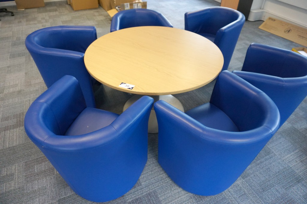 Light oak 1200mm dia meeting table with 6x blue le...