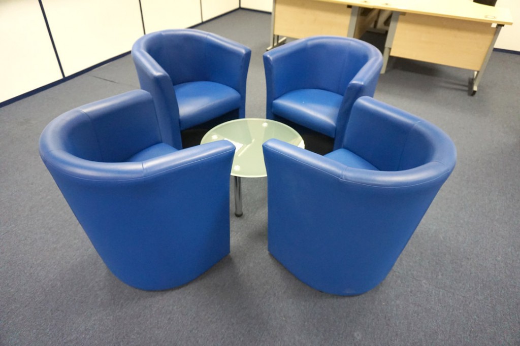 4x blue leather effect meeting chairs with 600mm d...
