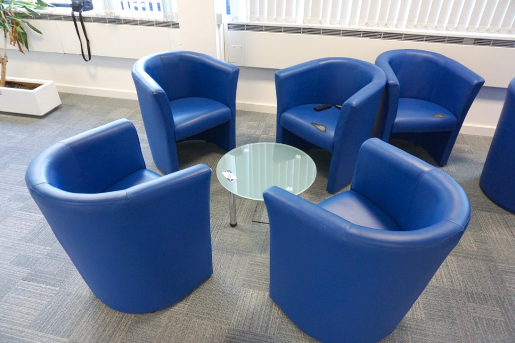 4x blue leather effect meeting chairs with 600mm d...