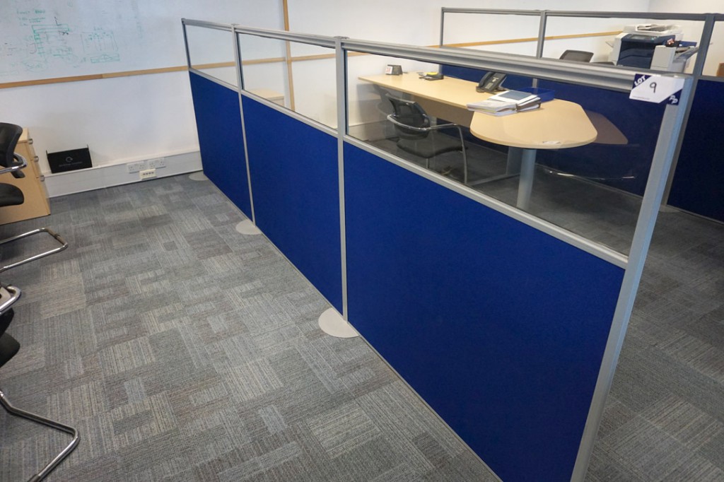 3x blue upholstered / clear partitioning screens,...