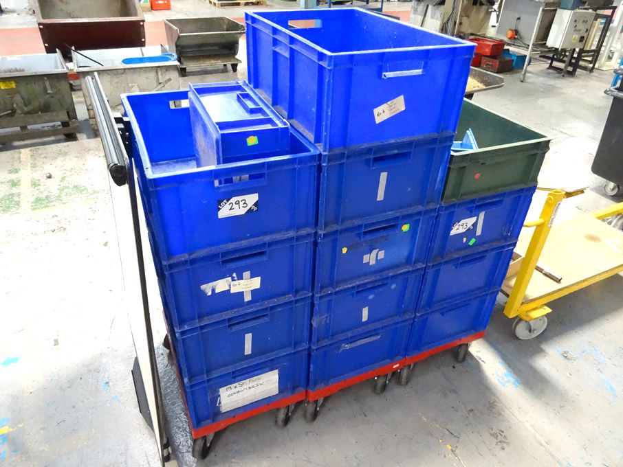 12x plastic storage bins, 600x400x230mm on dollies