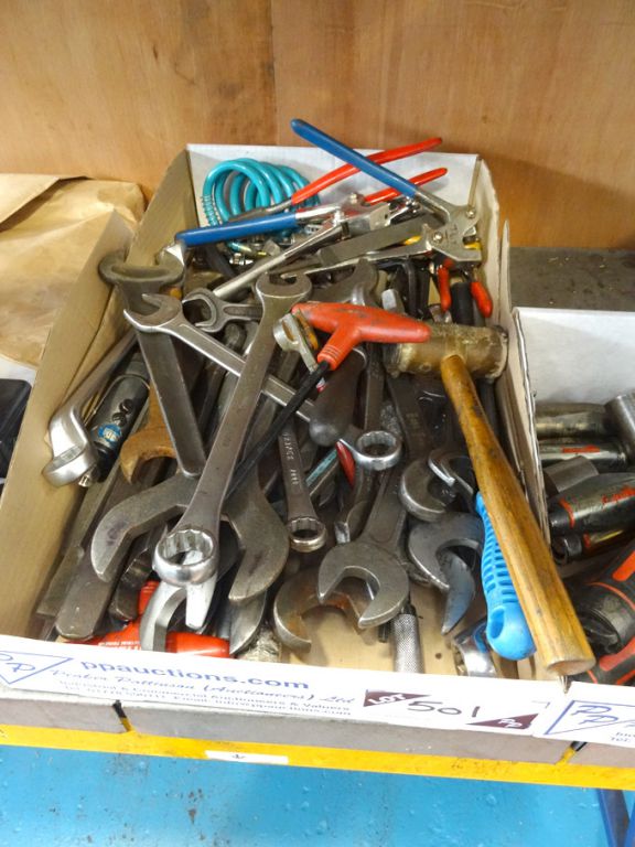 Qty various size spanners, hammers, air lines etc