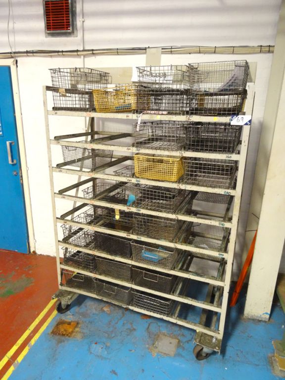 Mobile storage trolley with Qty wire mesh baskets,...