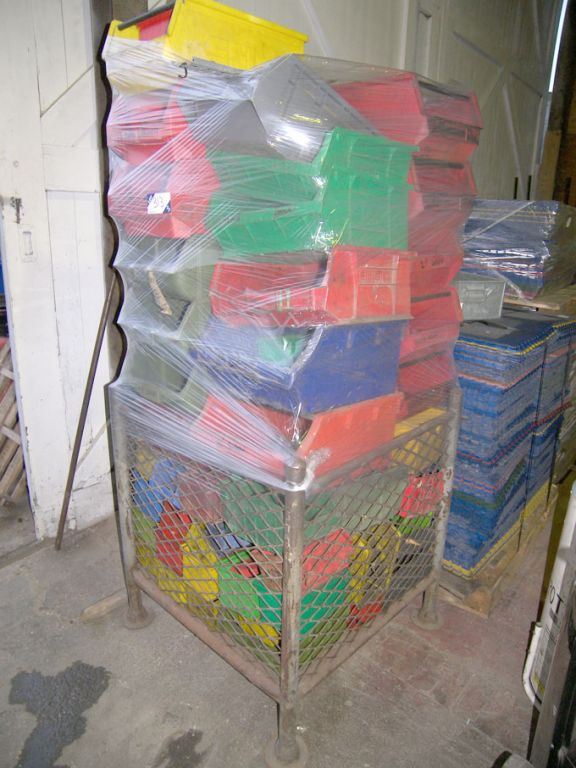 Qty various size plastic storage bins in metal sti...