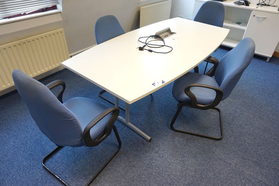 White 2000x1000mm meeting table with 4x blue uphol...