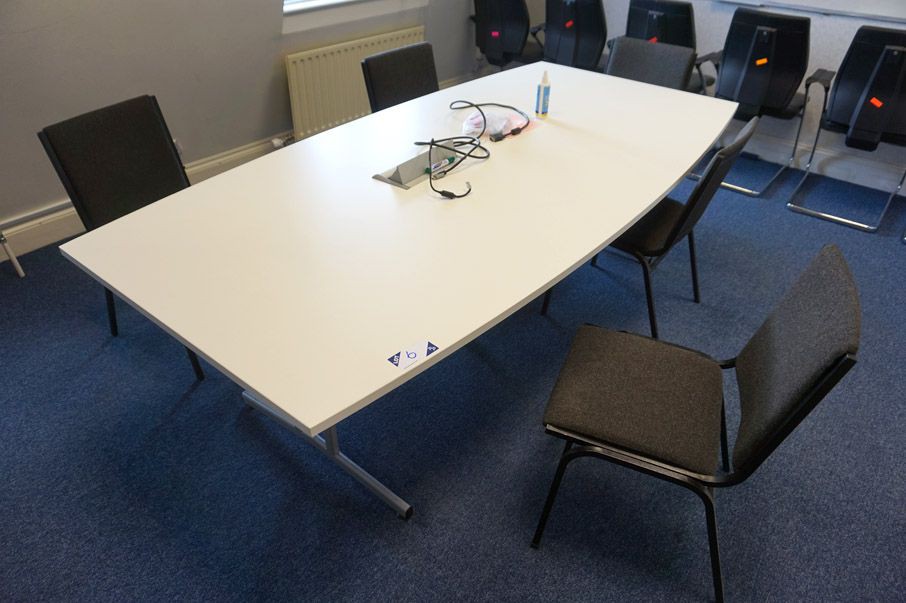 White 2400x1200mm meeting table with 5x black upho...