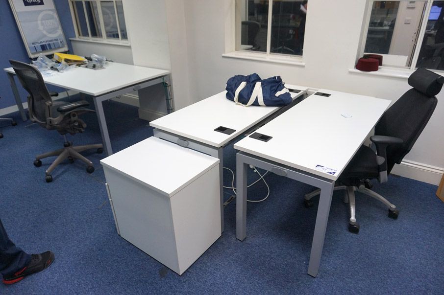 Contents of office inc: 2x white 1400x600mm tables...