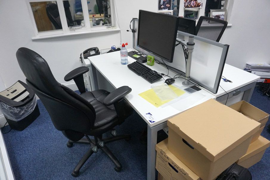 2x white 1400x600mm tables with 2x chairs, monitor...