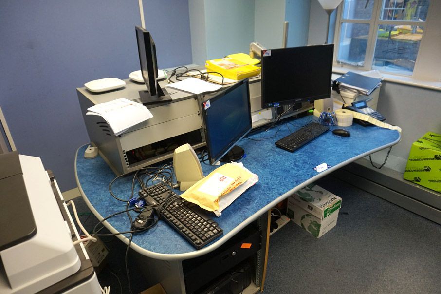1900x1350mm grey / blue curved studio desk with mo...
