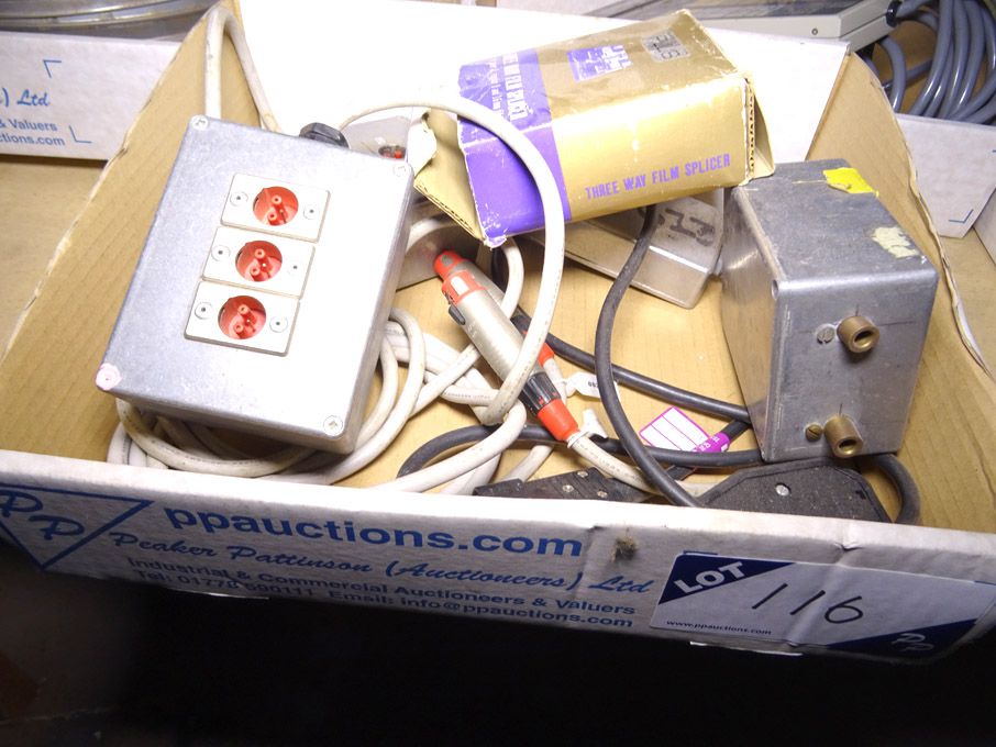 Plus 3 way film splicer, XLR boxes etc