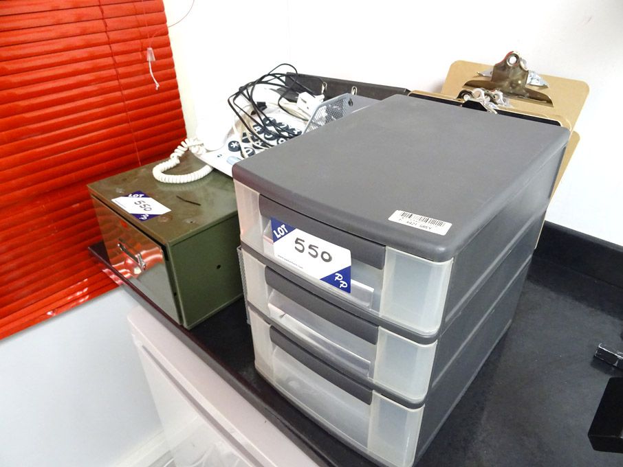 Qty clipboards, storage drawers, telephones etc