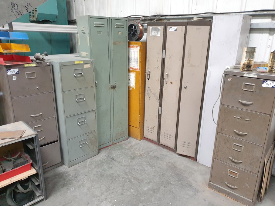 Qty various lockers, 4 drawer metal filing cabinet...