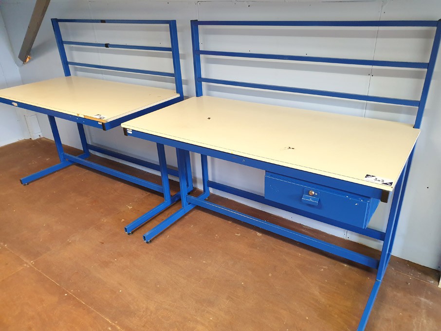 2x Blue metal frame wooden top lab table, 1500x750...