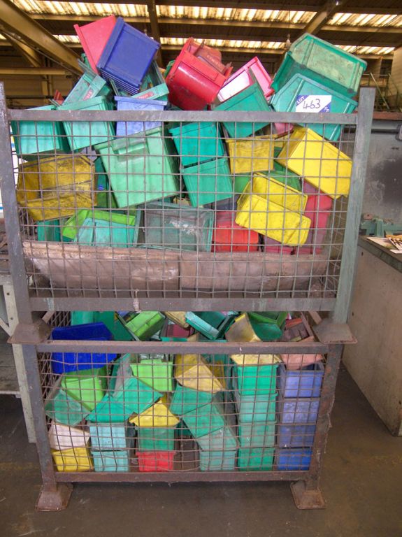Qty various size SSI etc plastic storage bins in 2...