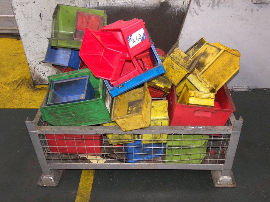 Qty various size plastic storage bins in metal sti...