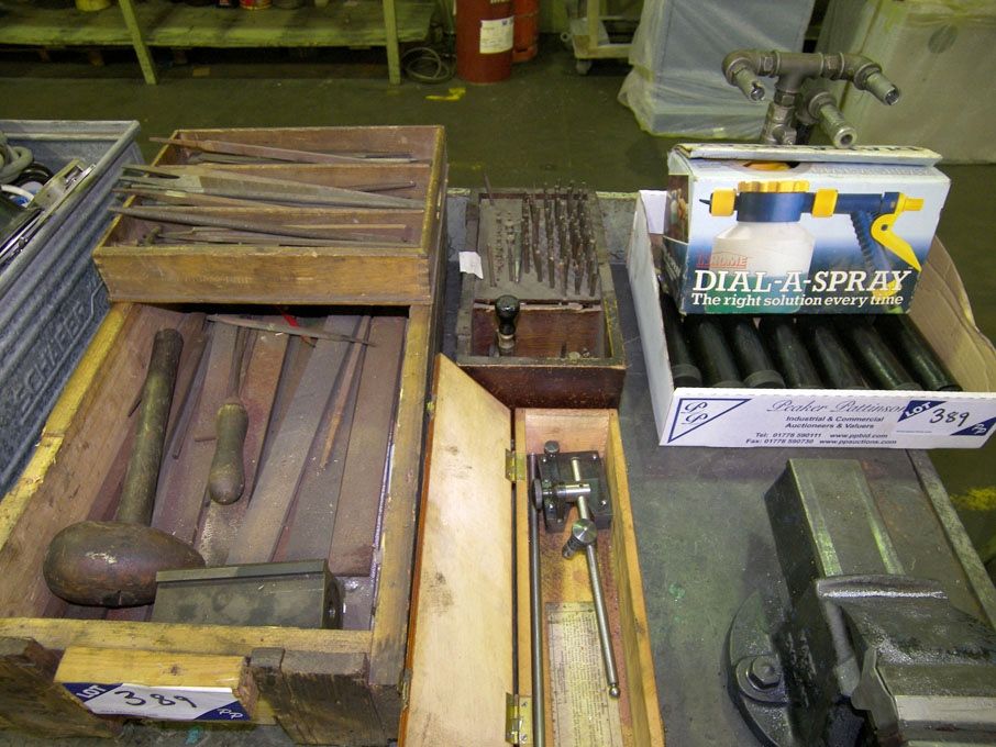 Qty various files, surface gauge, grease guns etc