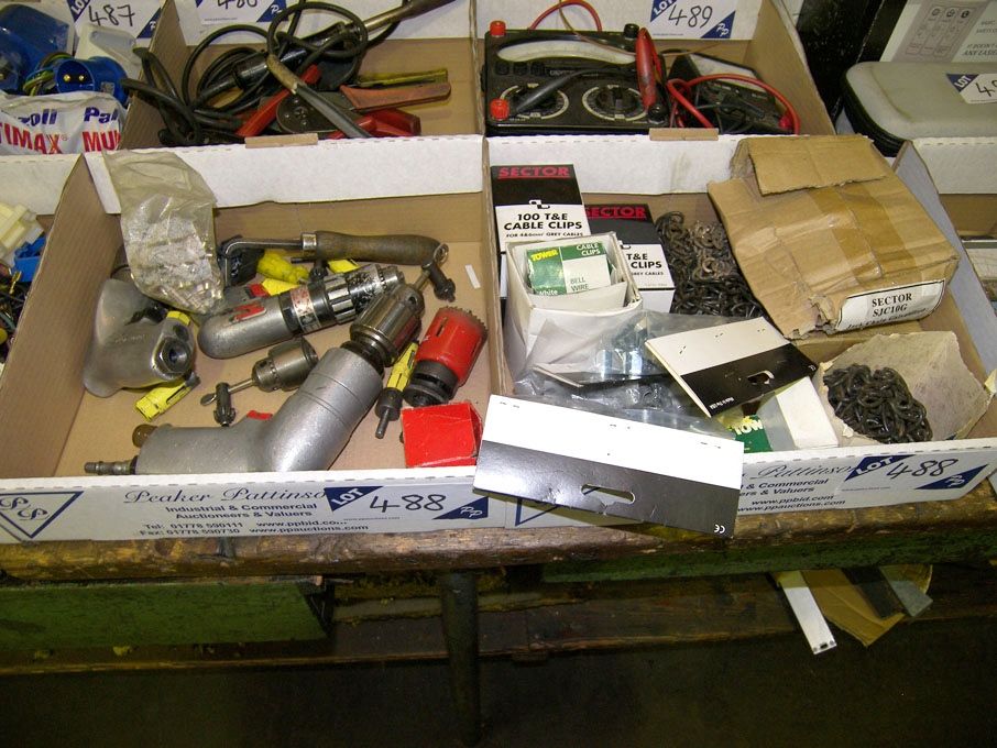 Qty pneumatic tools, cable clips, soldering irons...