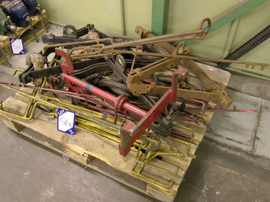 Qty various lifting jigs, clamps, rope on pallet