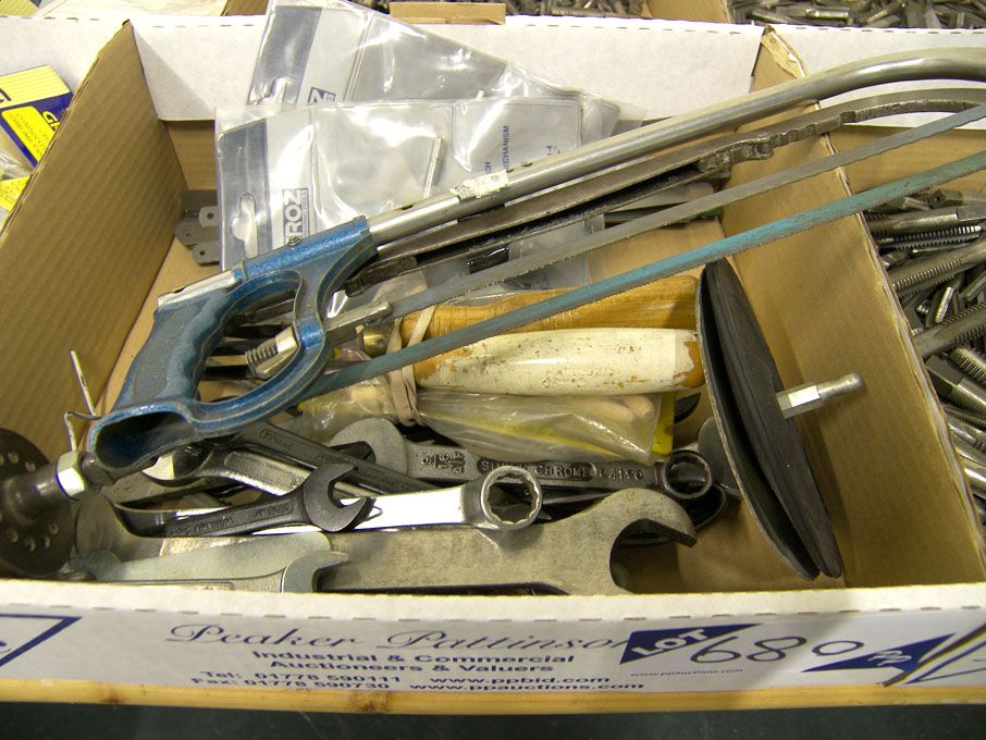 Qty spanners, tap wrench, saws etc