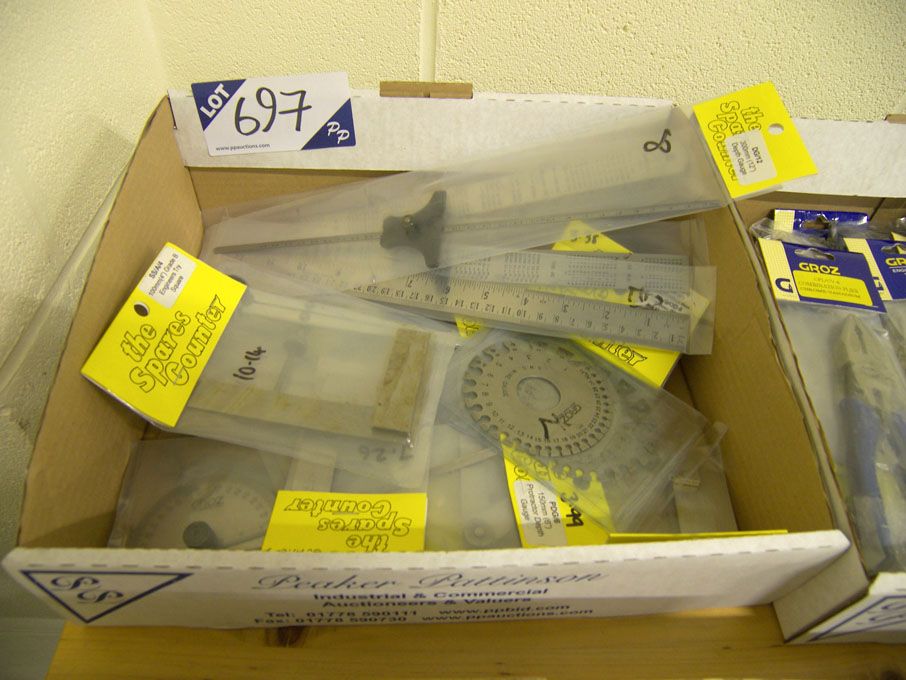 Qty metric/brass caliper, wire gauge, set squares,...
