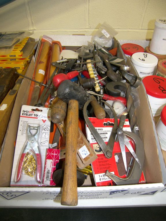 Qty wood chisels, spanners, eyelet tools, calipers...