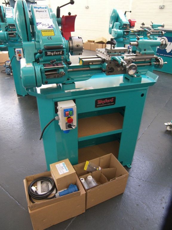 Myford Super 7B Plus lathe on cabinet base, 28-210...
