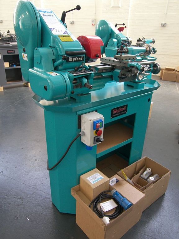 Myford Super 7B Plus lathe on cabinet base, 28-210...