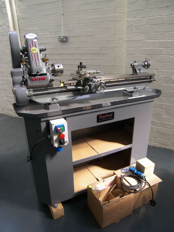 Myford ML7 long bed lathe on cabinet base, 90mm CH...