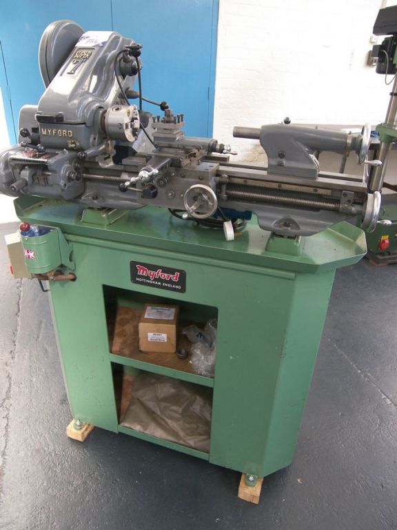 Myford Super 7B lathe on cabinet base, power cross...
