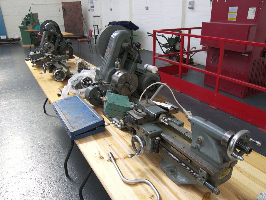2x Myford grey ML7 lathe on table, 3 1/2" CH x 19"...