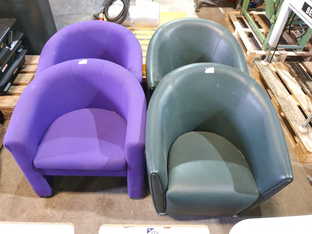 2x purple upholstered tub seats, 2x green leather...