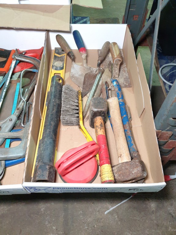 Qty various tools inc: trowels, hammers, levels, b...
