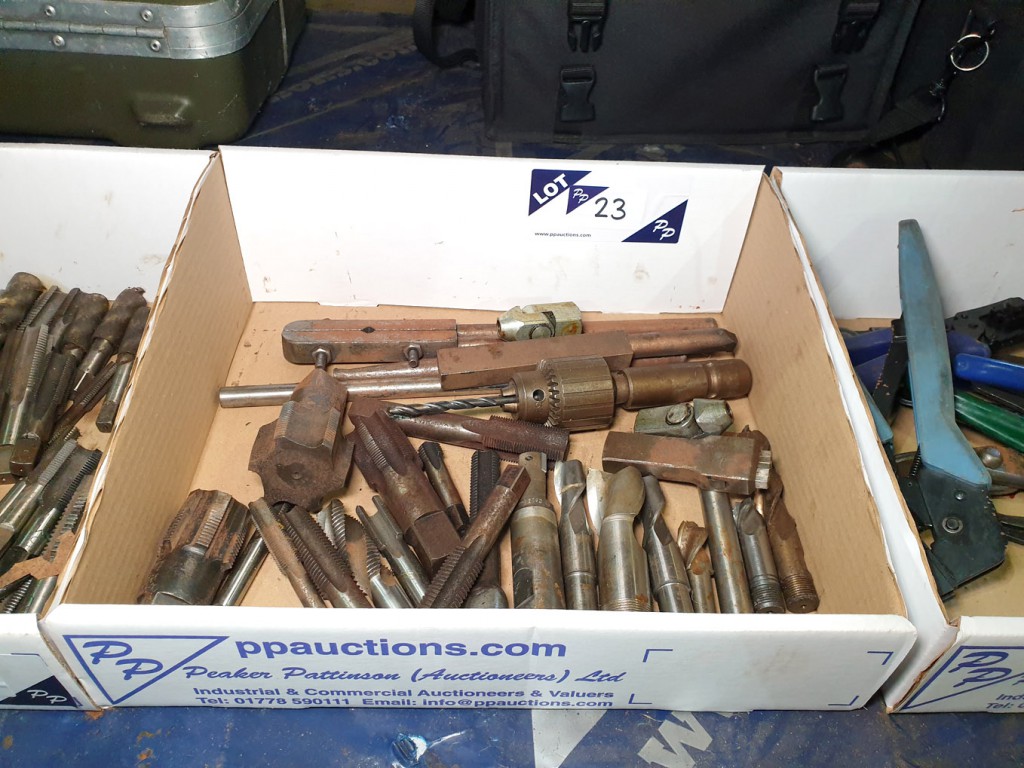 Qty various Jacobs drill chuck, taps, end mills, t...