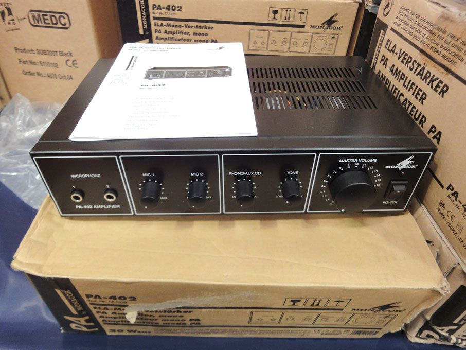 2x Monacor PA-402 mono PA amplifiers, 20W RMS (box...